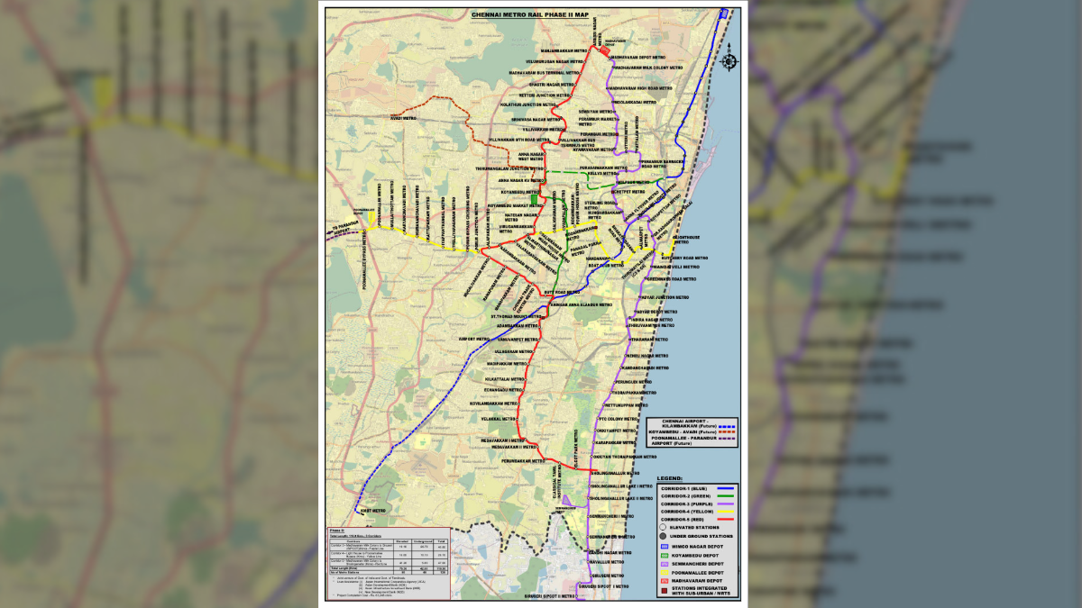 Chennai Metro Phase II corridor map showing Purple, Yellow and Red lines across the city