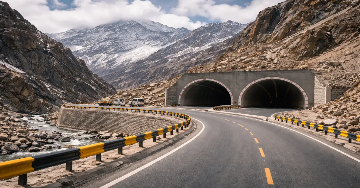 Strategic road infrastructure built by the Border Roads Organisation in a high-altitude border region.