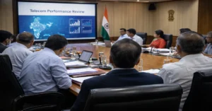 Officials seated at a government review meeting discussing BSNL’s third-quarter performance in New Delhi.
