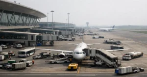 Civil aviation infrastructure growth reflected through a modern airport terminal and active runway operations in India.