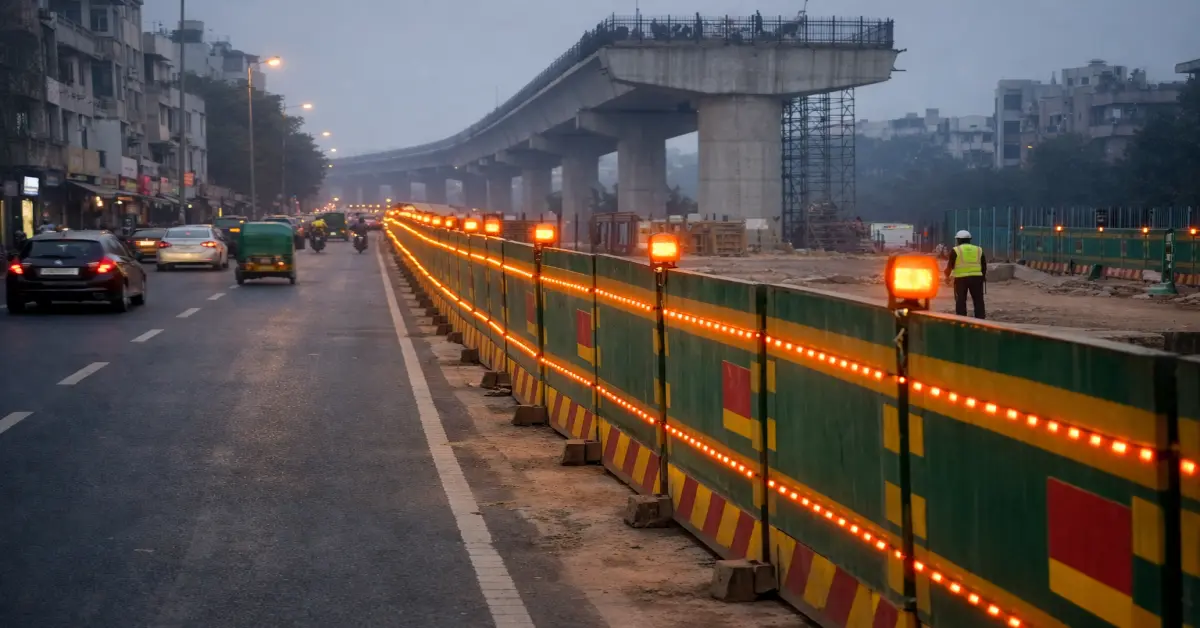 Delhi Metro safety measures with barricades and LED lights at construction sites