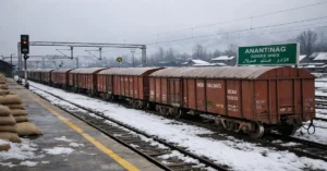 First full foodgrain rake reaches Anantnag with Indian Railways freight wagons at the Anantnag goods shed