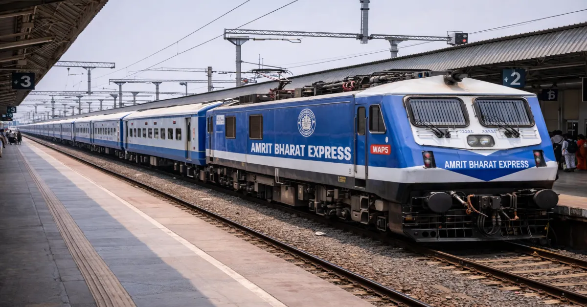 Amrit Bharat Express train standing at an Indian Railways platform during a long-distance service launch.