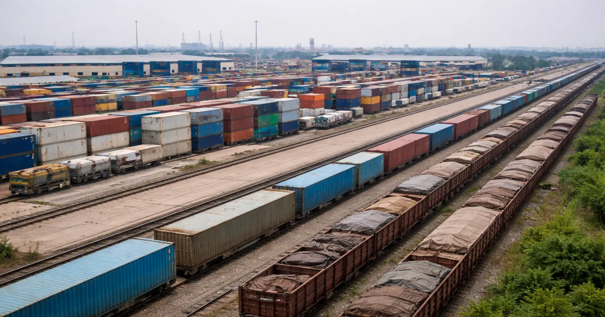 Rail logistics infrastructure with cargo yards and warehouses representing Gati Shakti cargo terminals in India.
