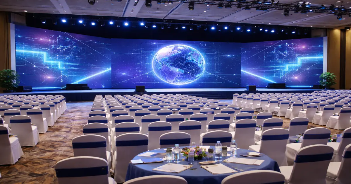 A conference venue prepared for the India To Host First Global South AI Summit in New Delhi.