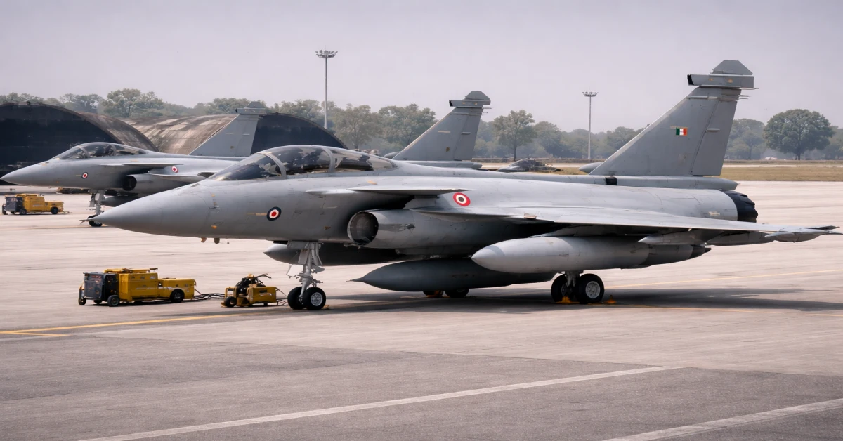 Rafale fighter jets of the Indian Air Force positioned at an operational airbase.
