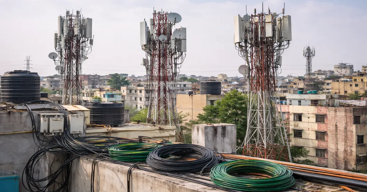 Telecom broadband infrastructure supporting wireless and wireline connectivity in India.