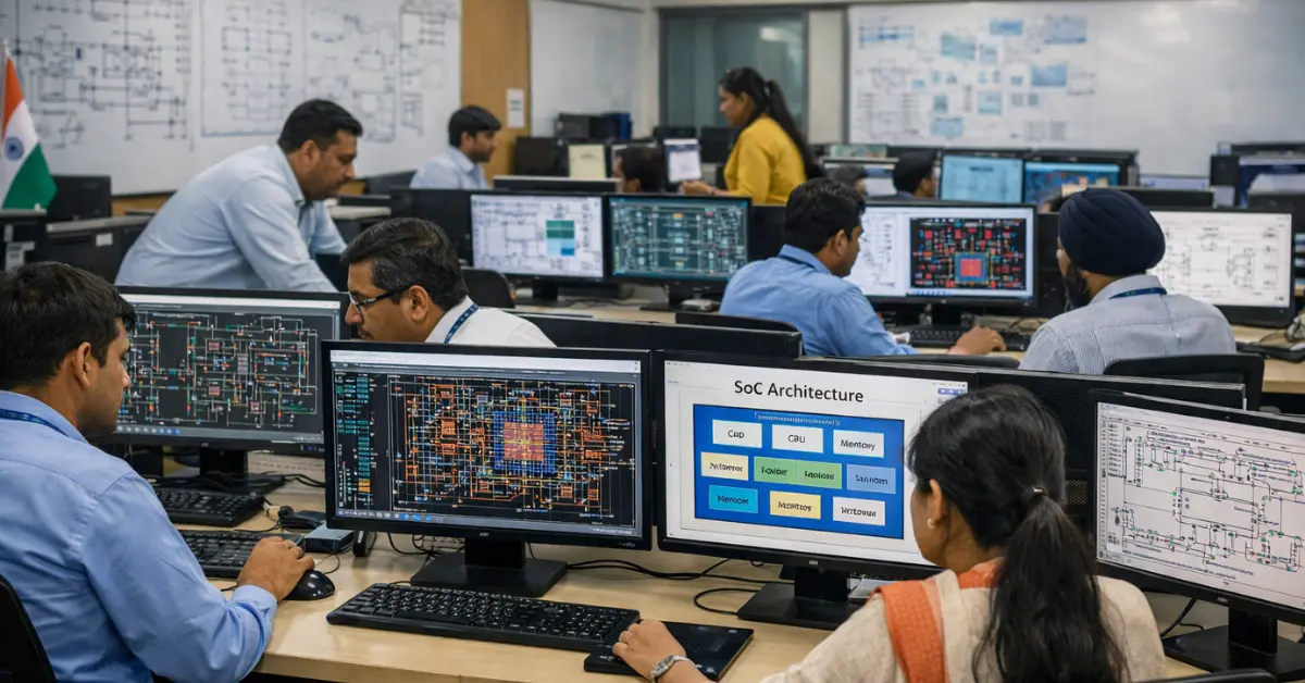 Engineers working on semiconductor chip design under India’s fabless semiconductor programme
