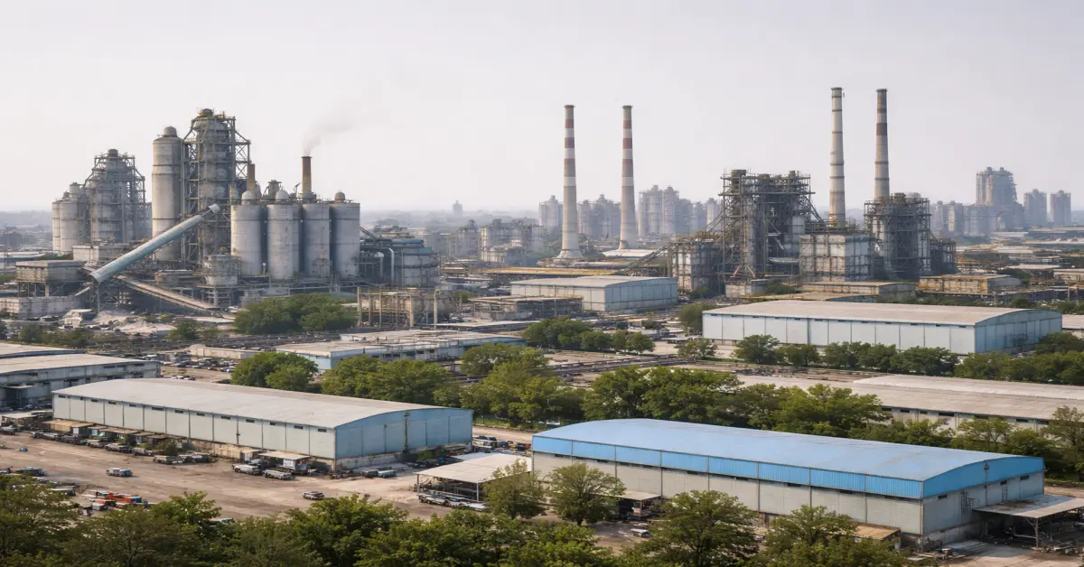 Wide exterior view of an industrial infrastructure landscape in India with factory buildings, chimneys and storage facilities.