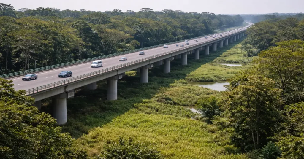 Elevated highway corridor constructed through forested terrain near Kaziranga National Park in Assam.