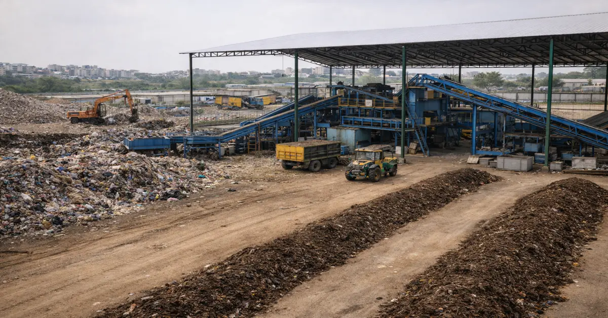 A municipal solid waste processing facility in Lucknow supporting the city’s Zero Fresh Waste Dump Status.