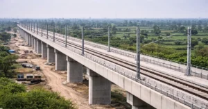 Overhead electrification masts installed along the Mumbai-Ahmedabad high-speed rail corridor.