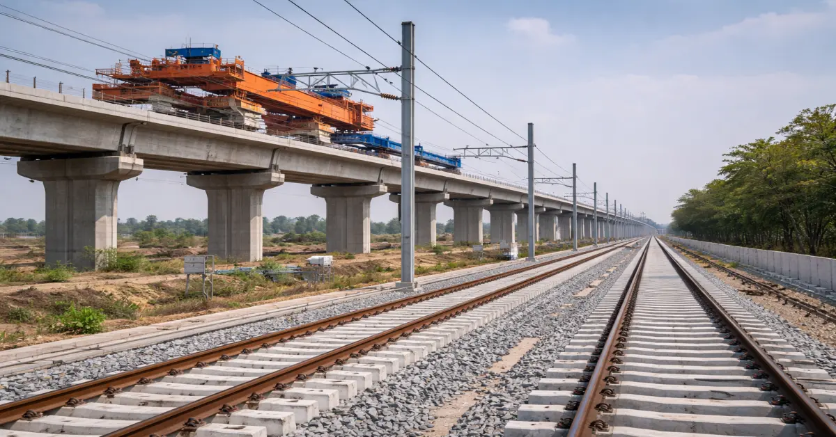 Viaduct construction under the Mumbai-Ahmedabad Bullet Train Project in western India.