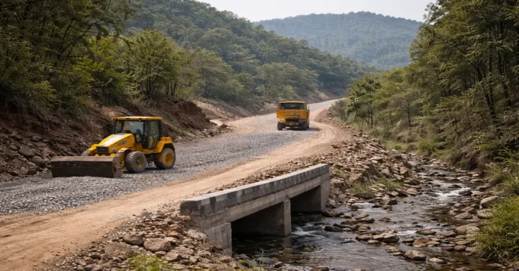 A single all-weather rural road under the PMGSY-IV programme in a remote region of India.