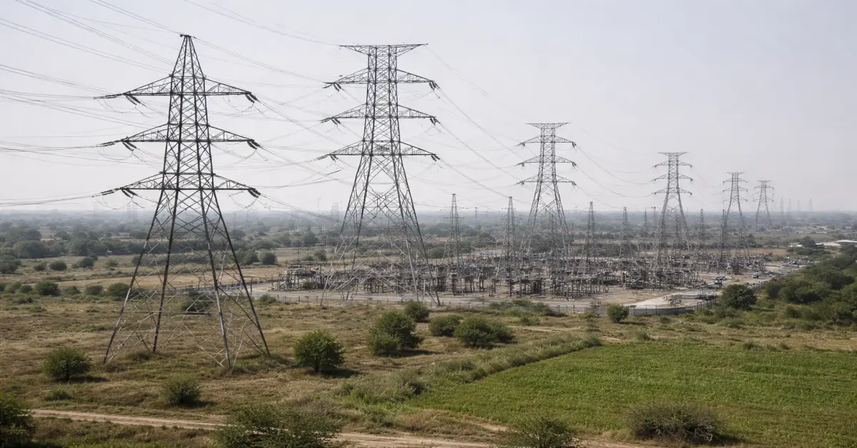 India’s power transmission network with high-voltage transmission lines supporting grid expansion.
