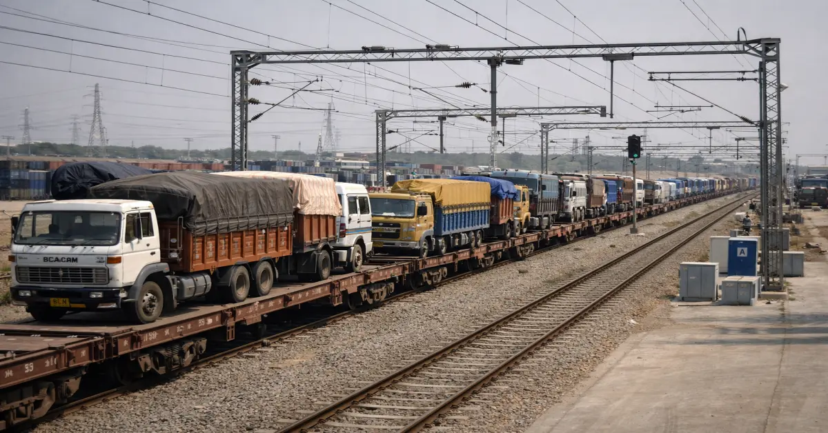 Trucks loaded on rail wagons as part of the Trucks-On-Trains service on an Indian freight corridor.