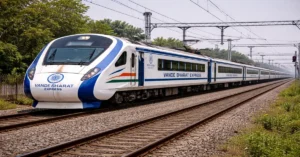 Vande Bharat trainset with Indian Railways livery and Vande Bharat branding operating on an electrified rail corridor.