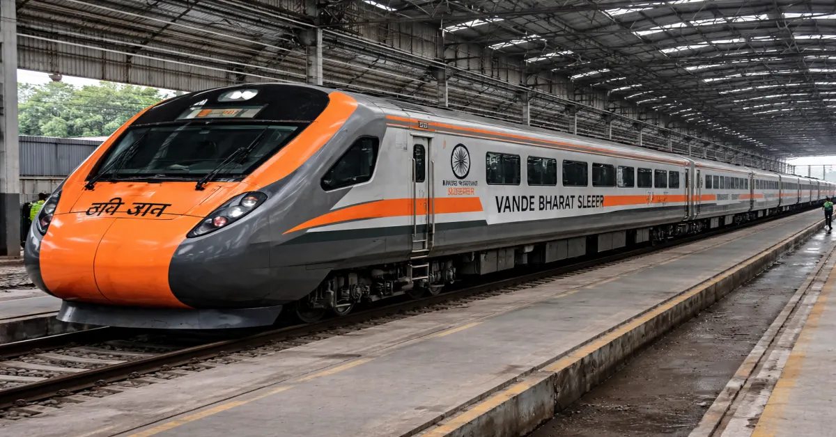 Vande Bharat Sleeper train with orange nose and grey body stationed at an Indian Railways platform shed.