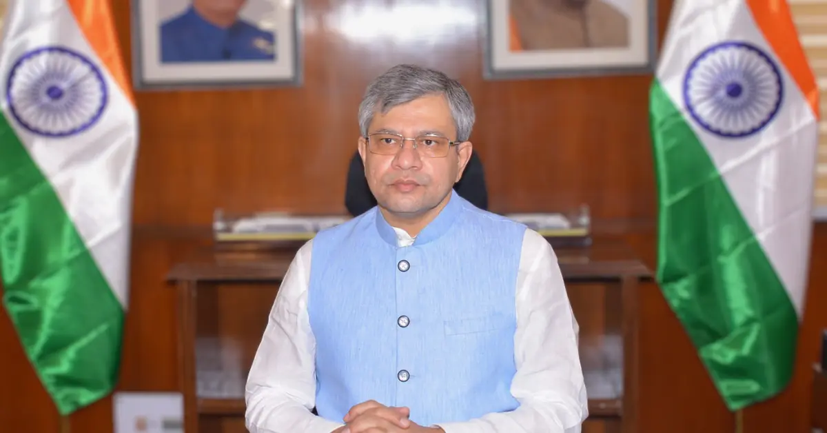 Union Railway Minister Ashwini Vaishnaw in an official setting related to Indian railway projects