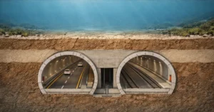Sectional view of Brahmaputra underwater road-rail tunnel project beneath the riverbed in Assam