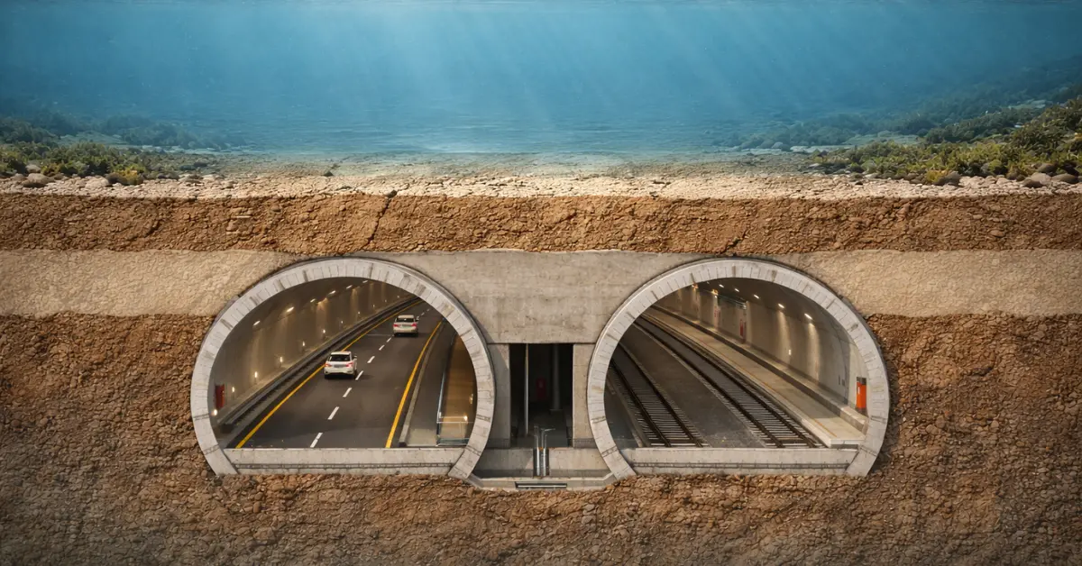 Sectional view of Brahmaputra underwater road-rail tunnel project beneath the riverbed in Assam