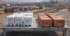 Processed lithium carbonate and copper cathodes at a Chilean industrial supply chain facility