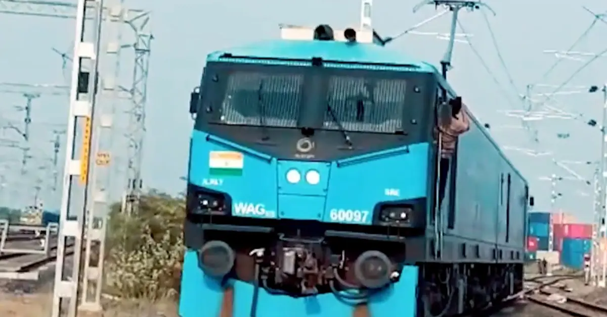 Electric locomotive operating on the Dedicated Freight Corridor during trial run
