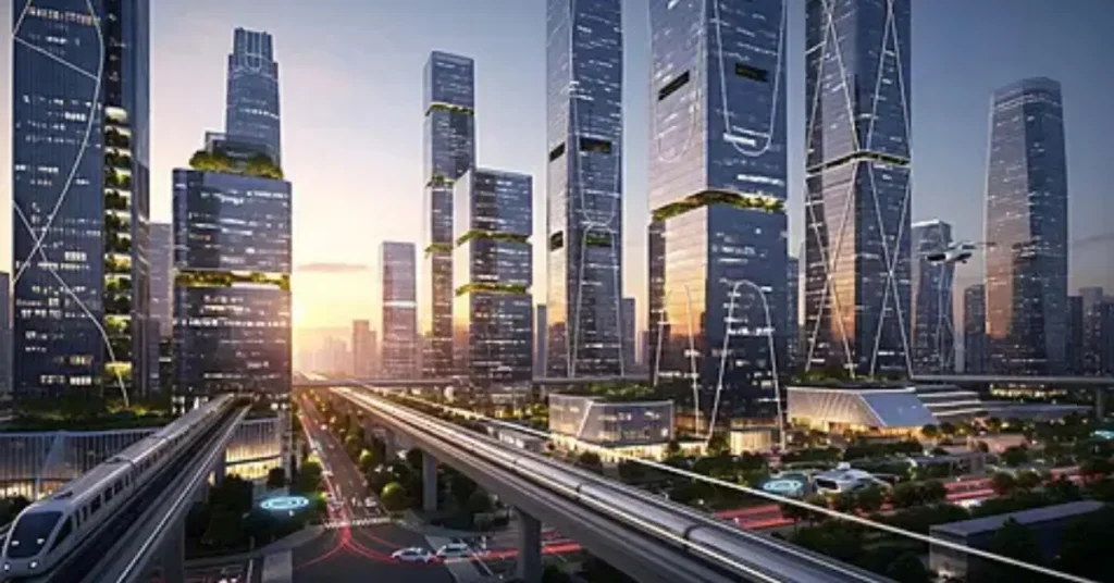 Conceptual futuristic city skyline representing Urban Challenge Fund vision for market-led urban transformation