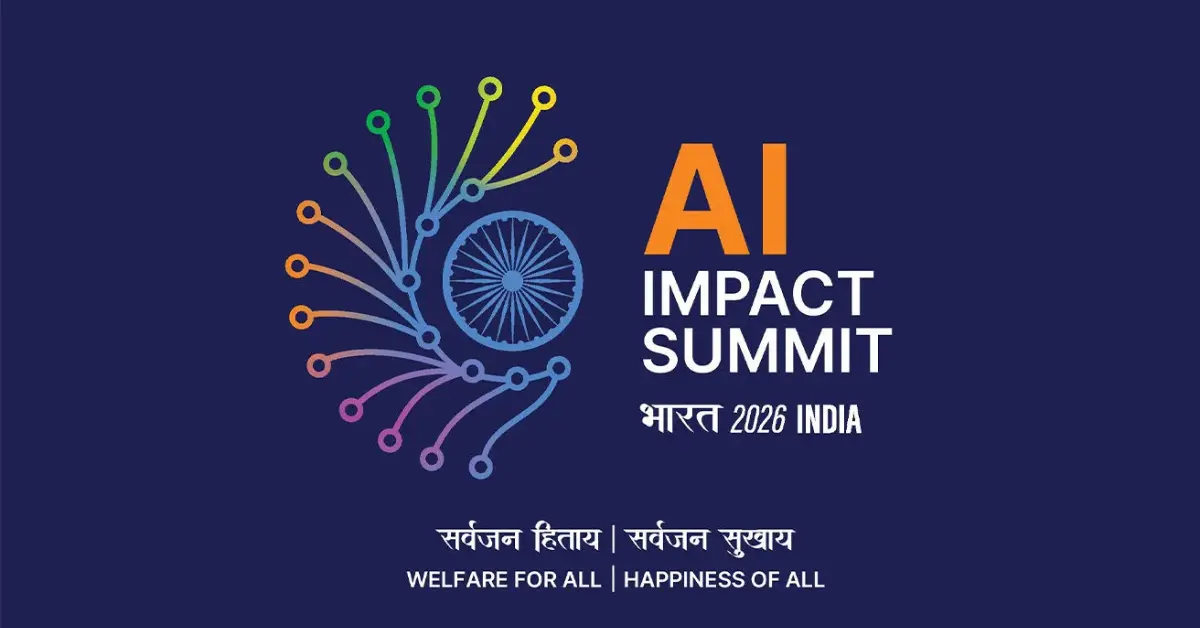 India AI Impact Summit 2026 official logo displayed at Bharat Mandapam event