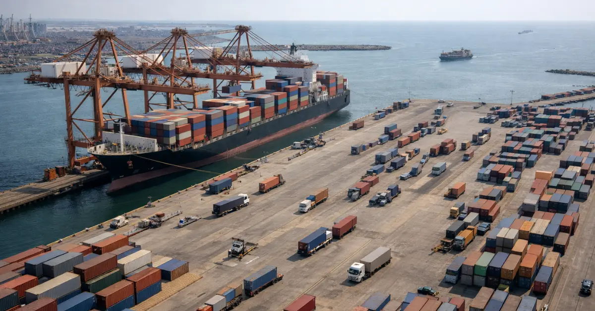 Cargo containers and cranes at Indian port representing $720.76 billion exports