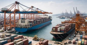 Illustration showing cargo handling operations at a major Indian port with container ships and cranes