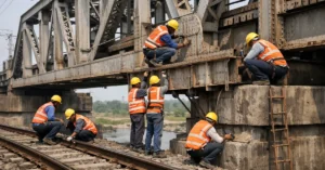Indian Railways engineers inspecting and maintaining a railway bridge