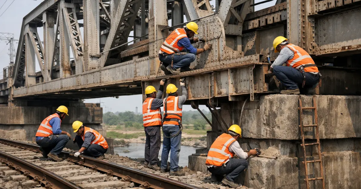 Indian Railways engineers inspecting and maintaining a railway bridge
