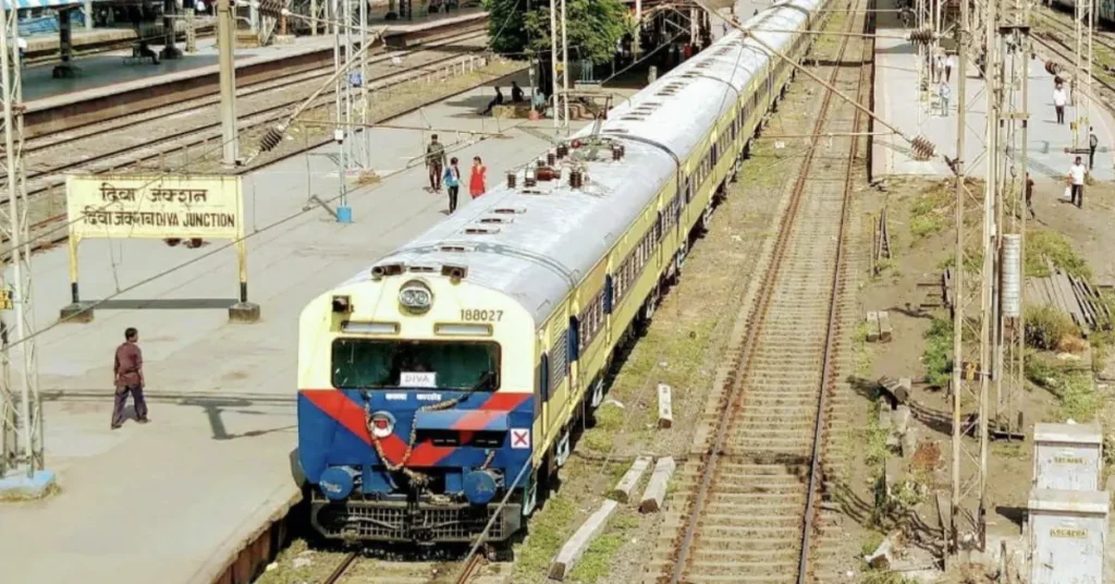 Indian Railways suburban train at Diva Junction linked to calibrated fare hikes