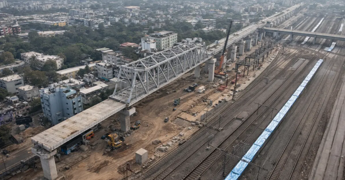 Steel truss bridge under construction for the Mumbai-Ahmedabad Bullet Train project in Gujarat