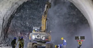 Construction work underway inside a tunnel on the Mumbai-Ahmedabad Bullet Train corridor