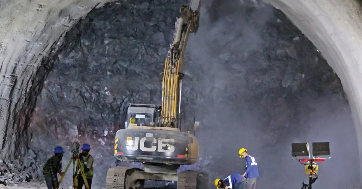 Construction work underway inside a tunnel on the Mumbai-Ahmedabad Bullet Train corridor