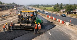 National Highway upgradation work showing multi-lane road widening and pavement strengthening