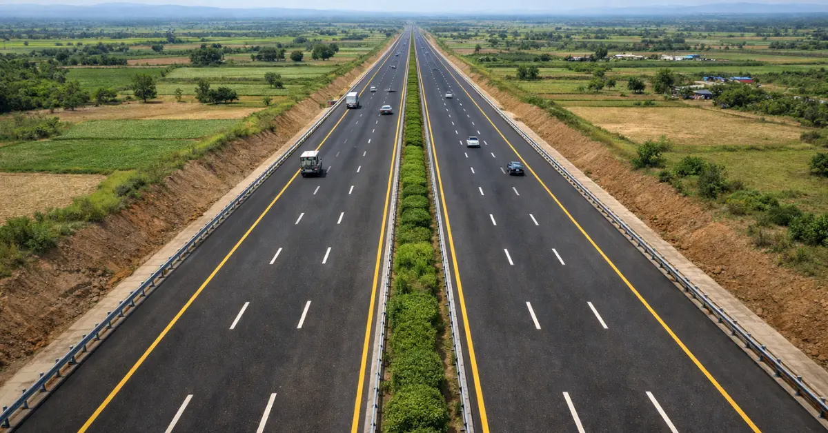 NH-56 four-laning project corridor in Gujarat showing upgraded four-lane highway