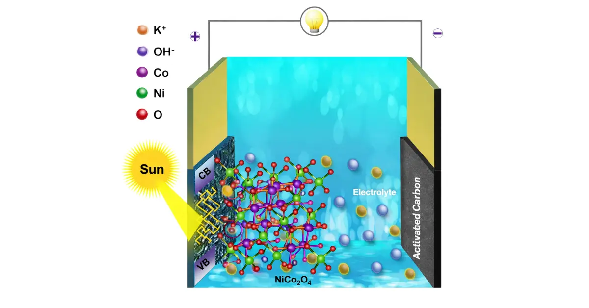 Schematic showing a sunlight-powered supercapacitor that integrates solar energy harvesting and energy storage in a single device.