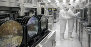 AI-generated illustration of semiconductor wafers inside a chip manufacturing cleanroom