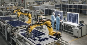 AI-generated illustration of integrated solar PV manufacturing facility supporting solar module exports