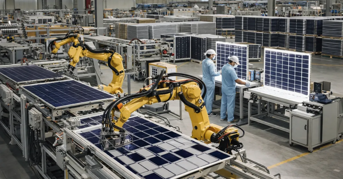 AI-generated illustration of integrated solar PV manufacturing facility supporting solar module exports