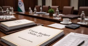 Union Budget 2026-27 documents of the Government of India displayed in an official setting