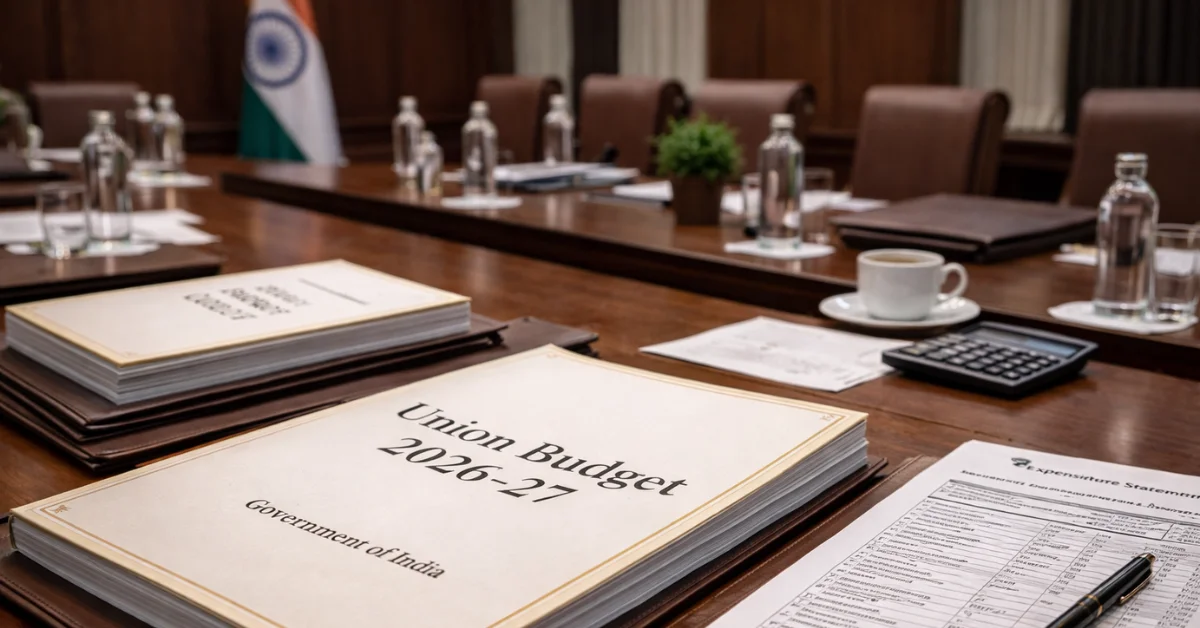 Union Budget 2026-27 documents of the Government of India displayed in an official setting