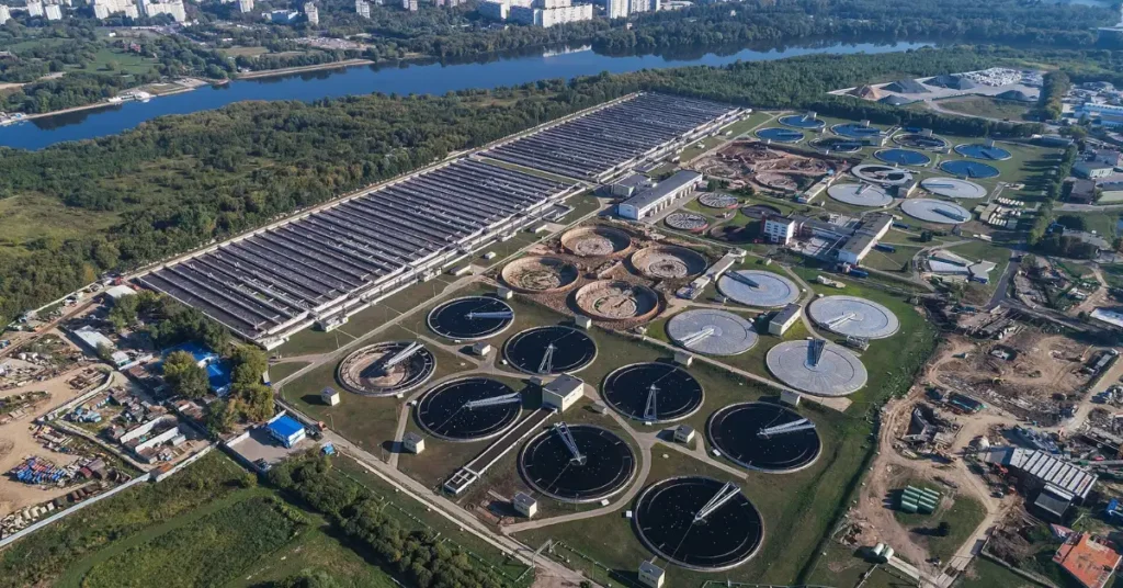 Aerial view of a large wastewater treatment and sewerage facility