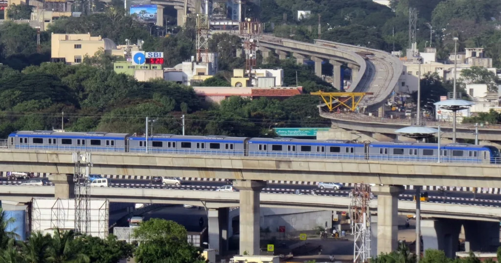 Chennai Metro train running on an elevated metro corridor