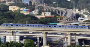 Chennai Metro train running on an elevated metro corridor