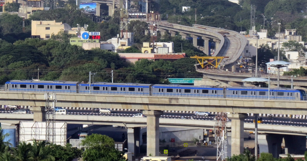 Chennai Metro train running on an elevated metro corridor