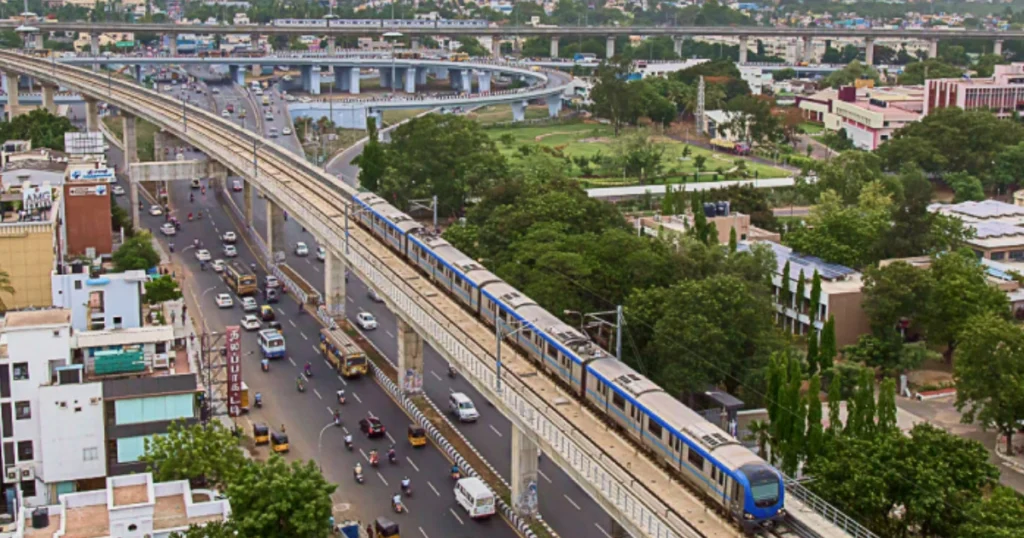 Chennai Metro train operating on elevated corridor in Chennai